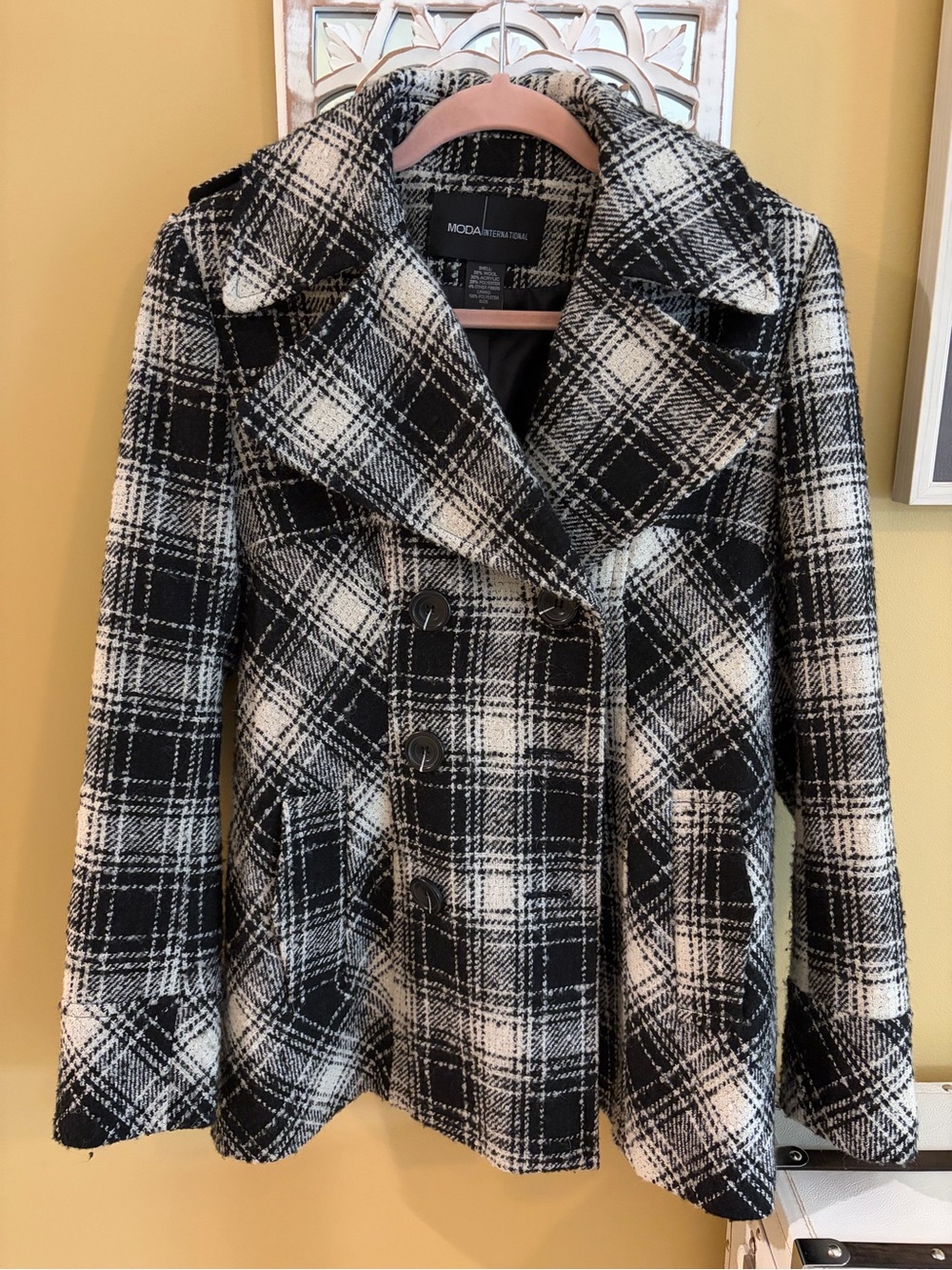 Moda International Black & White Plaid Double-Breasted Peacoat